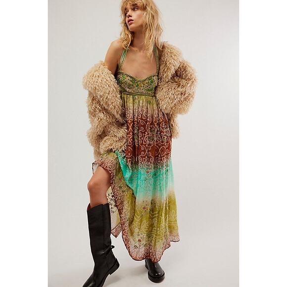New Free People Into The Nights Maxi Dress $298 X-SMALL Forest Combo EMBROIDERED - Picture 1 of 8